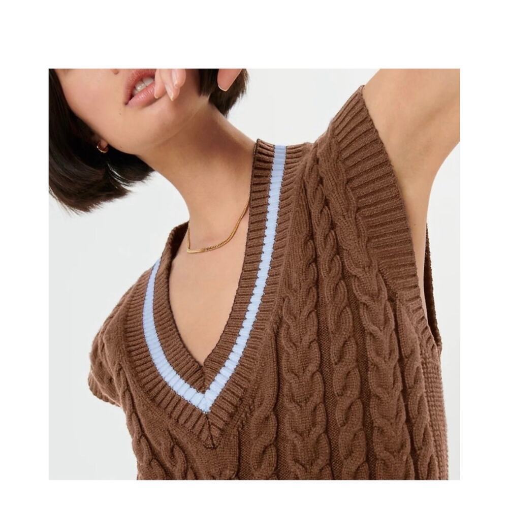 Sunday Best Cable Knit Sweater Vest Brown Blue Stripe V Neck Preppy XS Aritzia